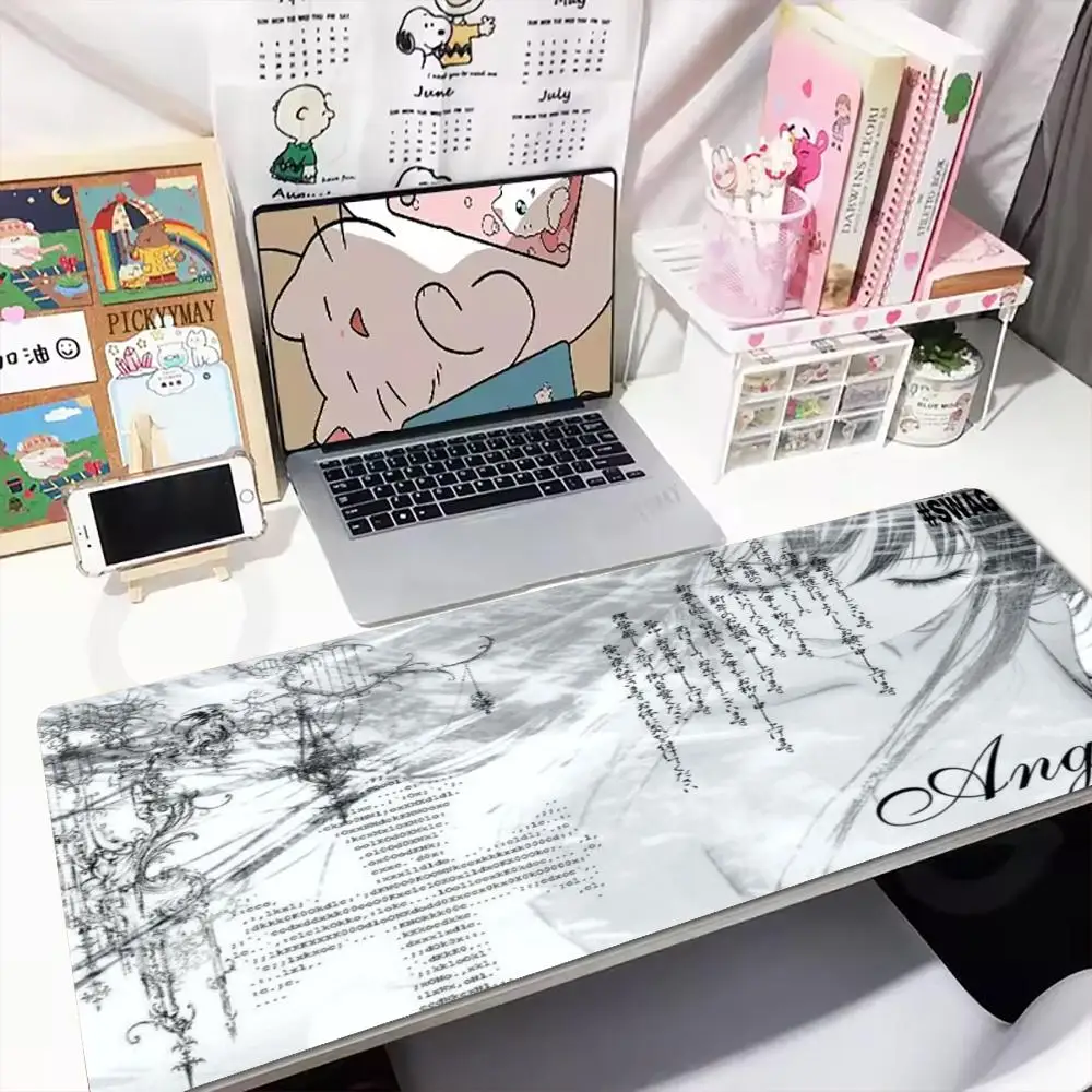 XXL Large Gaming Mouse Pad Anime Angel Japanese Vertical Text Gothic Art Desk Mat Non-Slip Rubber Keyboard Desktop Mouse Mats