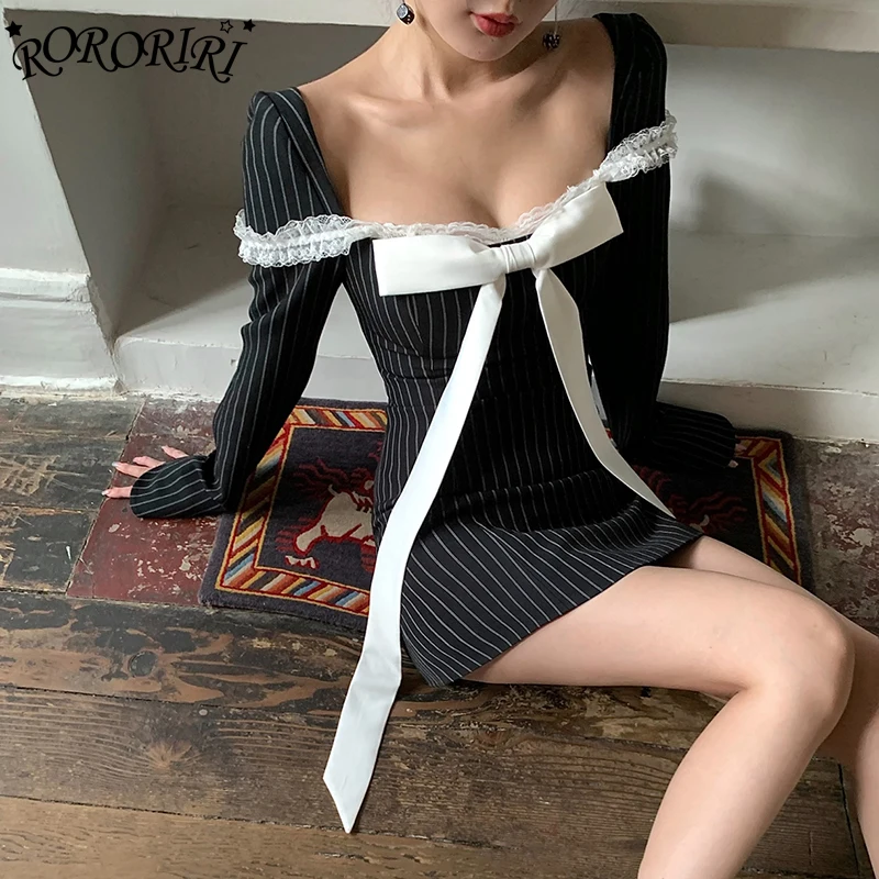 RORORIRI Pinstripes Mini Black Dress Women Bow Stitch Lace Square Neck Long Sleeves A-line Bodycon One-piece Work Formal Clothes