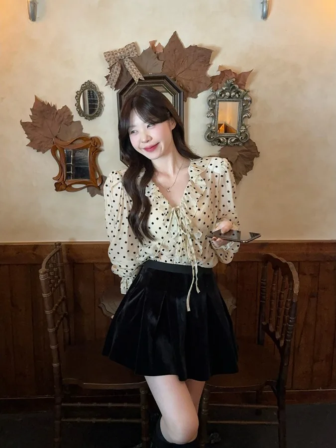 

plus Size Polka Dot Shirt Women V Neck Tie Long Sleeve Spring Summer Slimming Chiffon Top Korean Style Loose Fit Commute Wear
