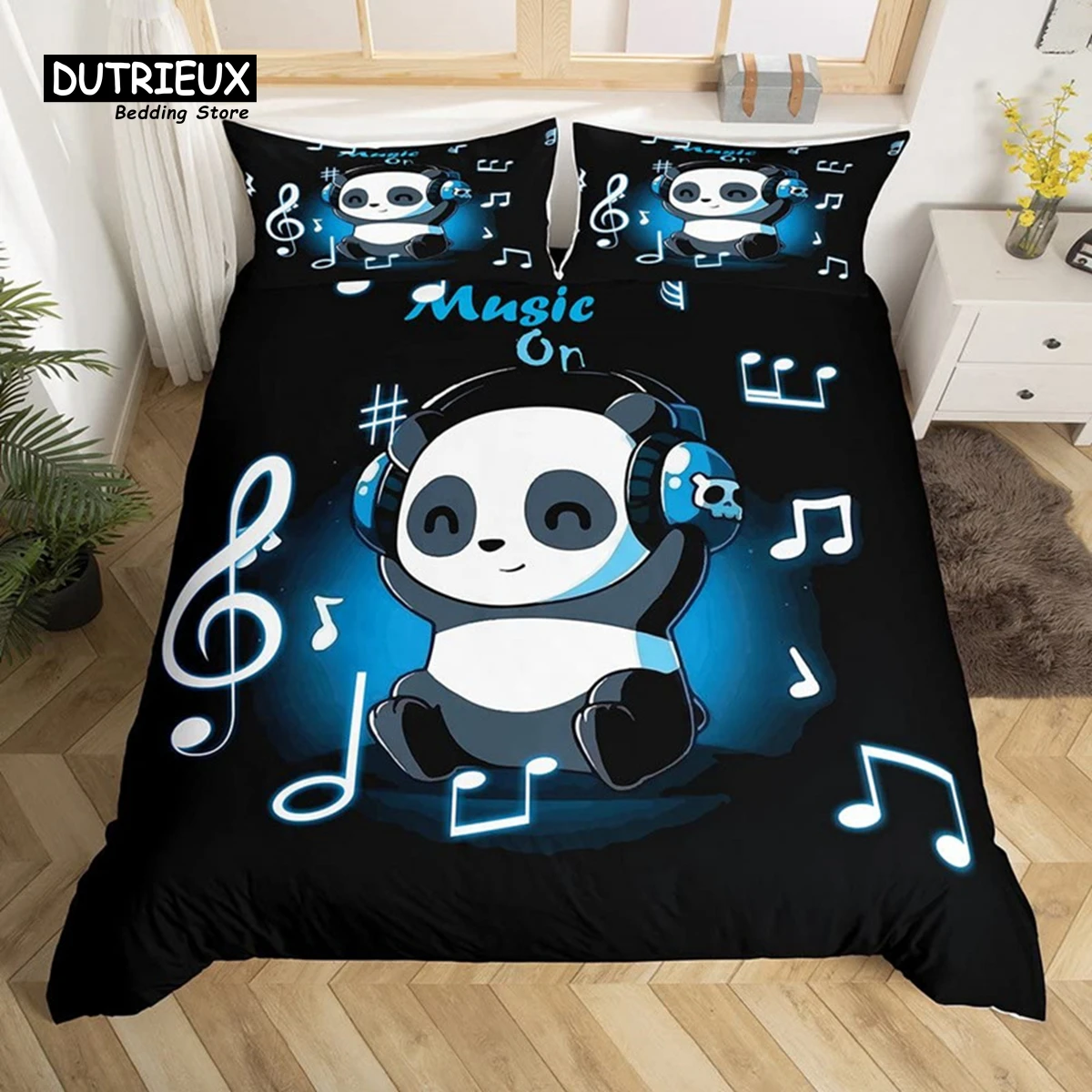 Kids Cute Panda Duvet Cover Cartoon Animals Cat Bedding Set Headset Musical Note Comforter Cover Twin For Boys Girls Room Decor