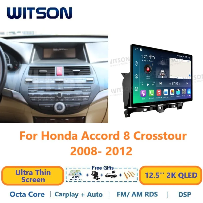 Android Car Multimedia For Honda Accord 8 Crosstour 2008-2012 Carplay DSP 12.5'' 2K QLED Auto Stereo Radio Navi GPS Multimedia