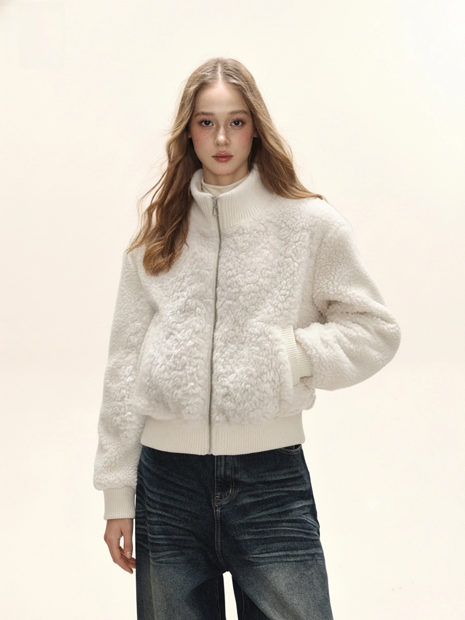 

November American Style Zipper Jacket Sweater Women's Spring Autumn Loose Thick Warm Stand Collar Top Coat