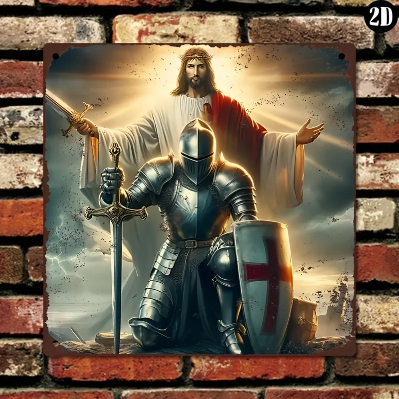 Saint Knight Metallschild, 20,3 x 20,3 cm, Retro-Wandkunst mit religiösen Motiven für Zuhause, Männerhöhle, Bürodekoration