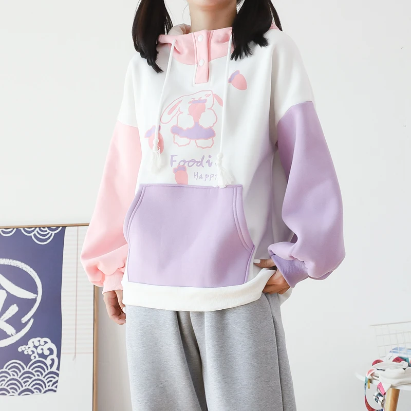 

Fleece Women Hoodies Harajuku Print Patchwork Hooded Sweatshirts Long Sleeve Thick Drawstring Female Pullovers Tops