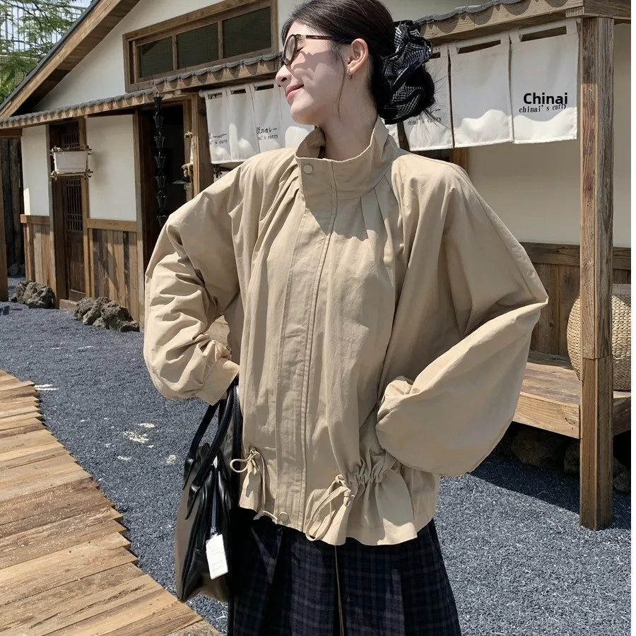 

Casual Women's Coat Vintage Court Sle Dstring Waist Workwear Stand Collar Slimming Outerwear Top Quali Faionable