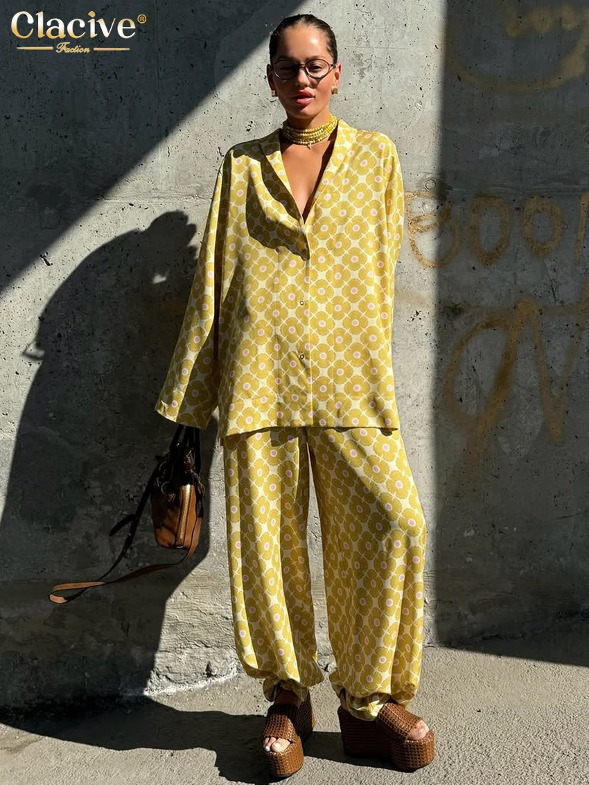 Clacive Fashion Loose Print Women's Two Pieces Set Elegant Long Sleeve Blouse With High Waist Wide Pants Set Female Streetwear