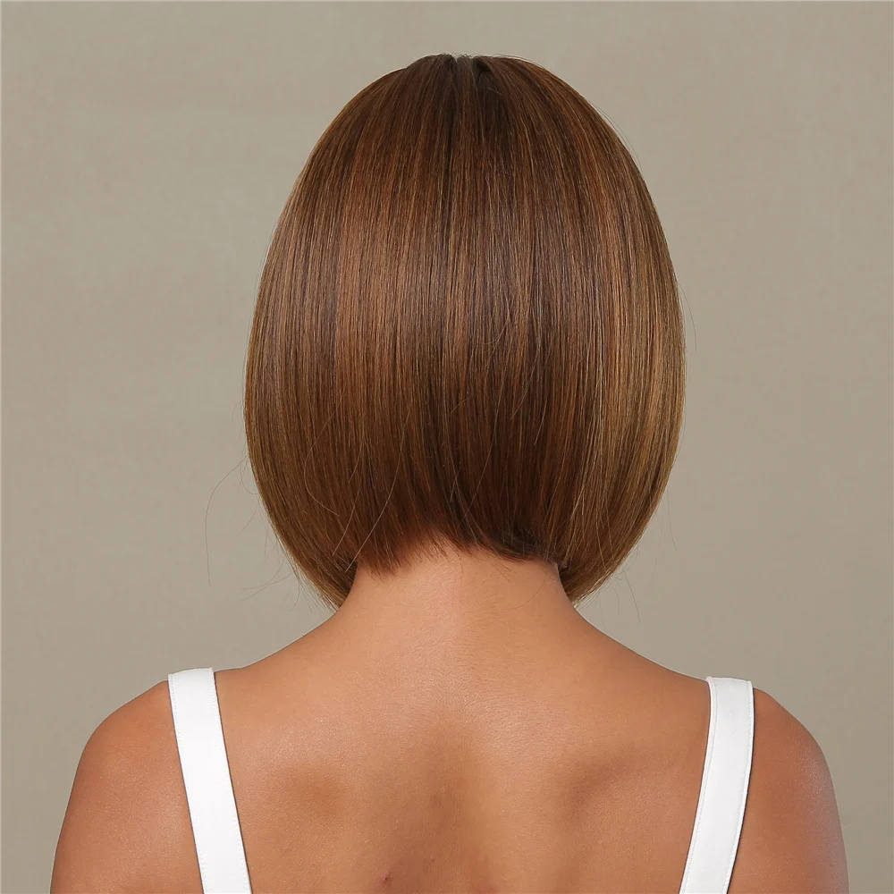 Brown Bob Wig with Bangs Synthetic Short Straight Cosplay Wigs for Black Women Natural Party Daily Use Fake Hair Heat Resistant