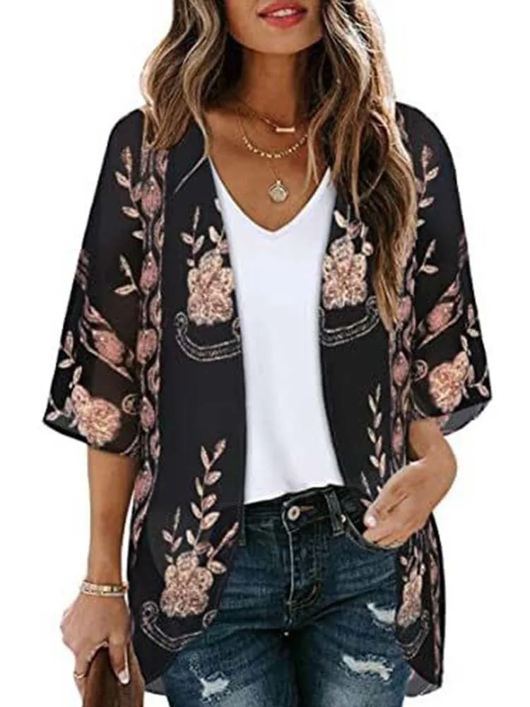 

Summer Women's Beach Bikini Sunscreen Cover Up Holiday Chiffon Printed Cardigan Jacket Coat