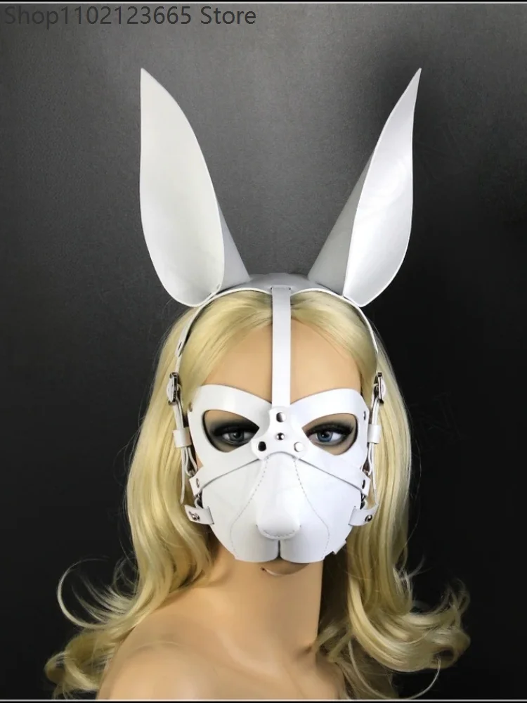 Faux Leather Long Bunny Ear Rabbit Mask Adjustable Harness Face Mask Adult Halloween Cosplay Masquerade Party Costume Accessory 2