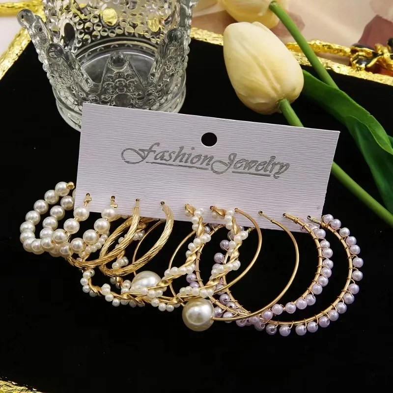 Fashion women's round earrings set, imitation pearl plated K gold jewelry gift image 3