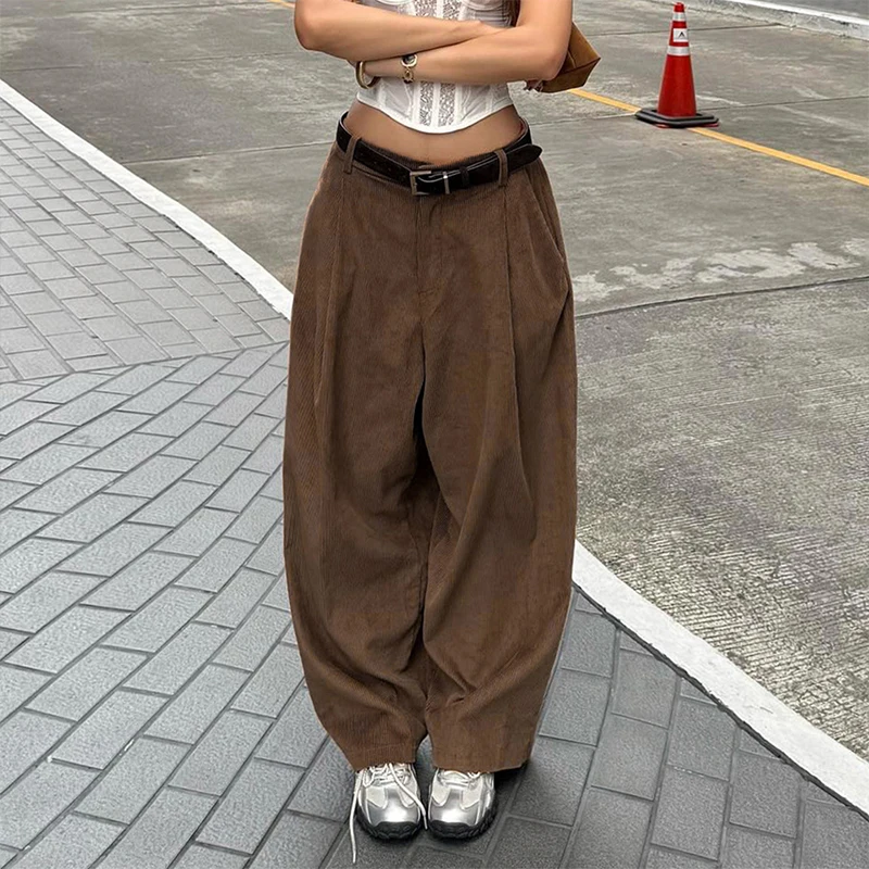 OMSJ automne hiver marron velours côtelé pantalon pour femmes Style de rue loisirs Vintage taille haute coupe ample confort jambes larges pantalon