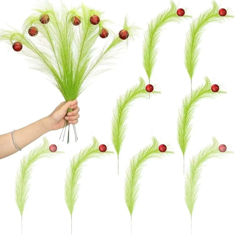 Christmas Twisted Green Branch Elf Decor, Grinch Green Faux Pampas Reed Grass, Artificial Greenery Stem for Xmas Home Party Tabl