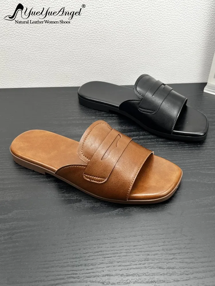 

Summer Women Casual Outside Slippers Open Toe Comfortable Flats Slip On Slides Vintage Real Horsehide Genuine Leather Slippers