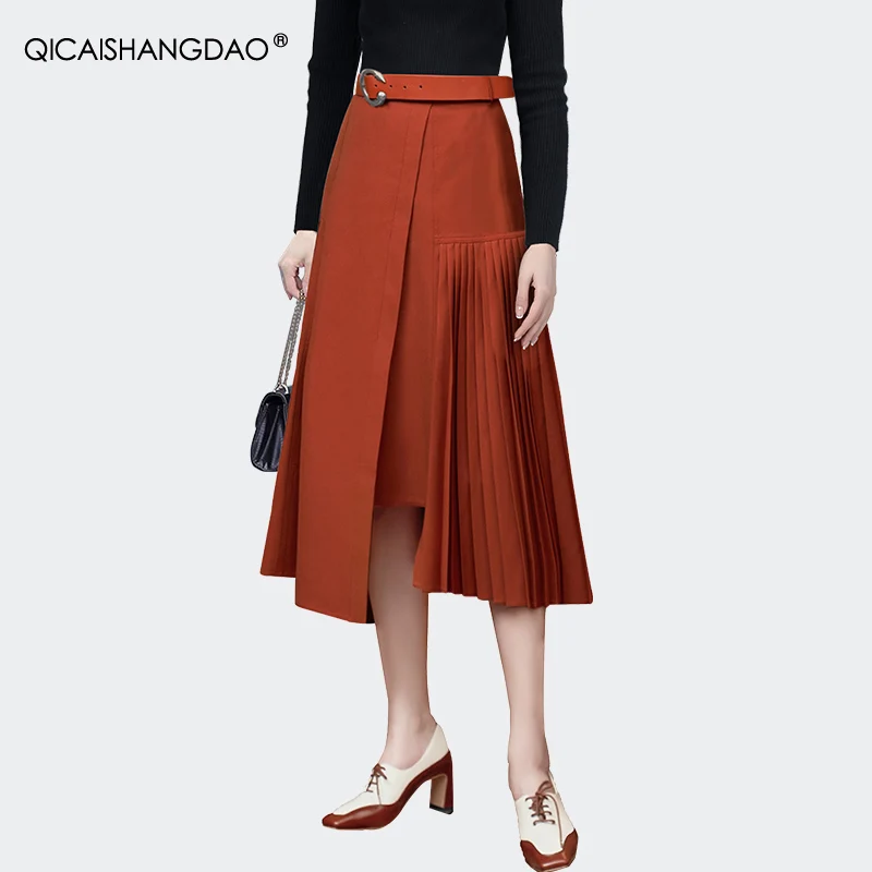 High Street Irregular Orange Pleated Skirt Women' HIgh Waist A-line Patchwork Design Mid-length Skirts 2023 Spring Summer Skirts