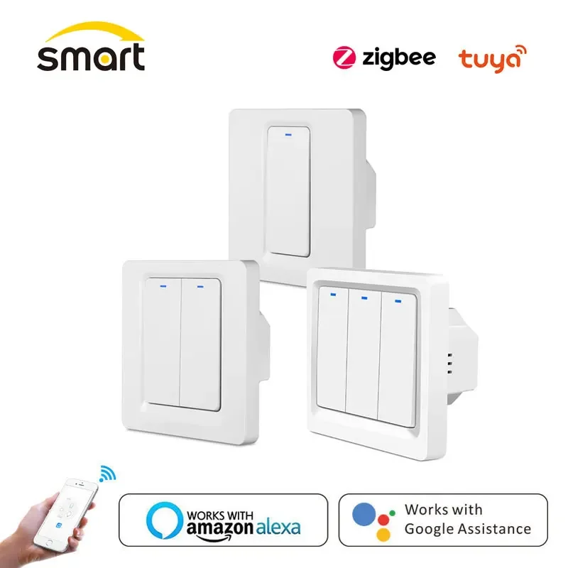 ZigBee 3.0 Smart Push Button Switch No Neutral Required 2MQTT Setup Tuya APP Voice Control Works With Alexa Google Home 2/3 Way