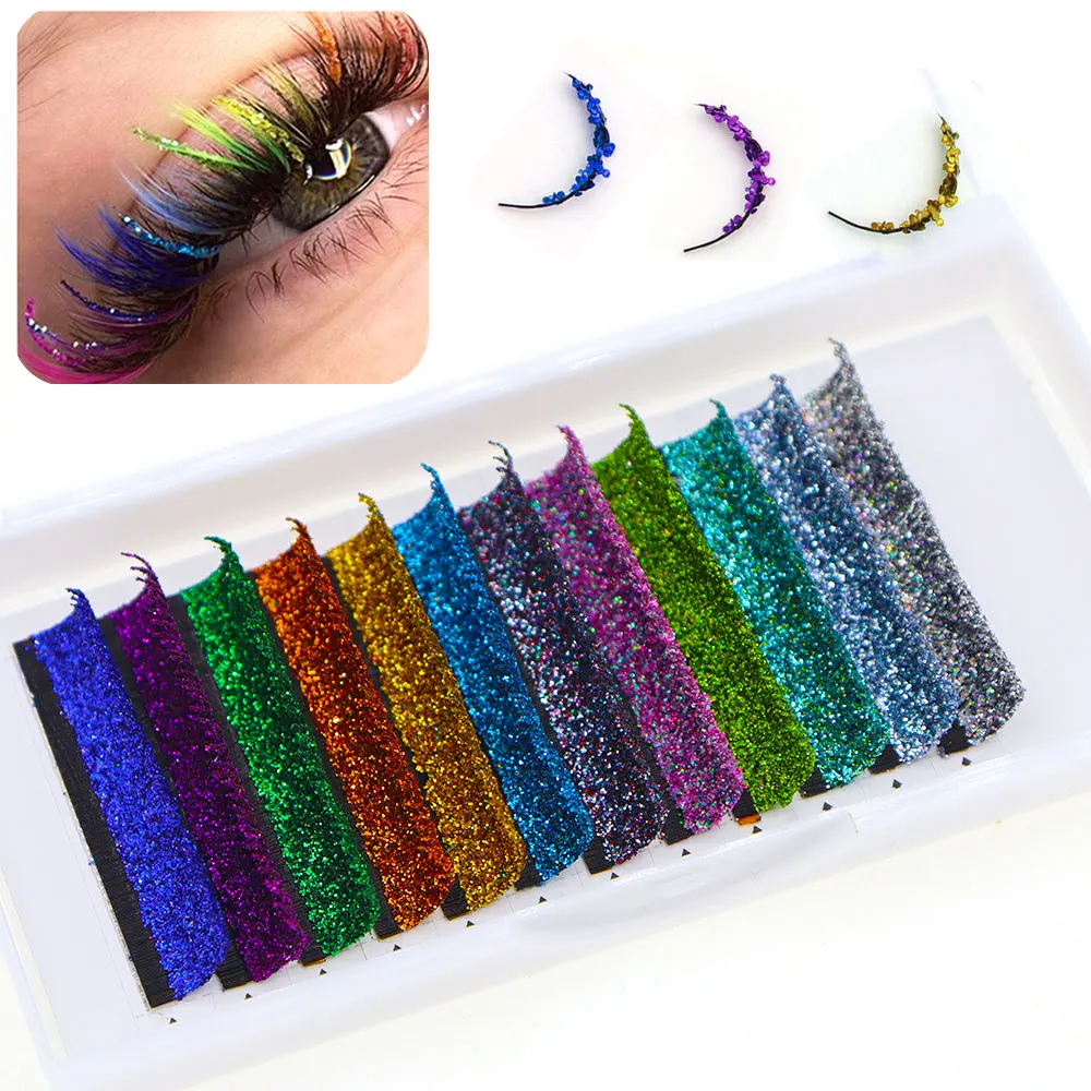 12Rows Fashion Glitter Lash Extensions Crystal Colorful Individual False Lash Mix Colors Shiny Russian Volume Professional Lash