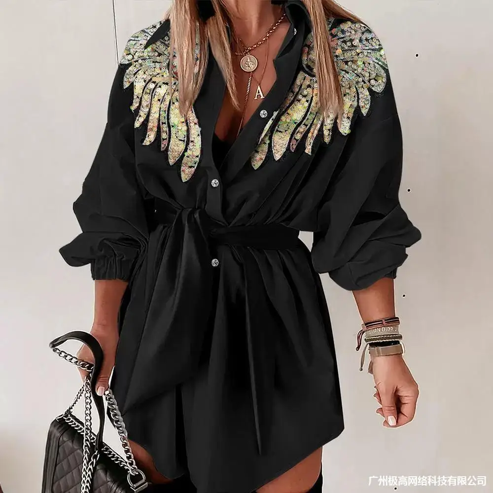 Sequin Wings Pattern Turn-down Collar Tied Detail Shirt Dress Women Long Sleeve Loose Casual Shirts Mini Dress