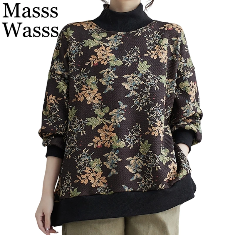 

Mass Wasss, зимняя винтажная утепленная водолазка с принтом, женская модная повседневная футболка с цветочным принтом, женские теплые классические меховые топы