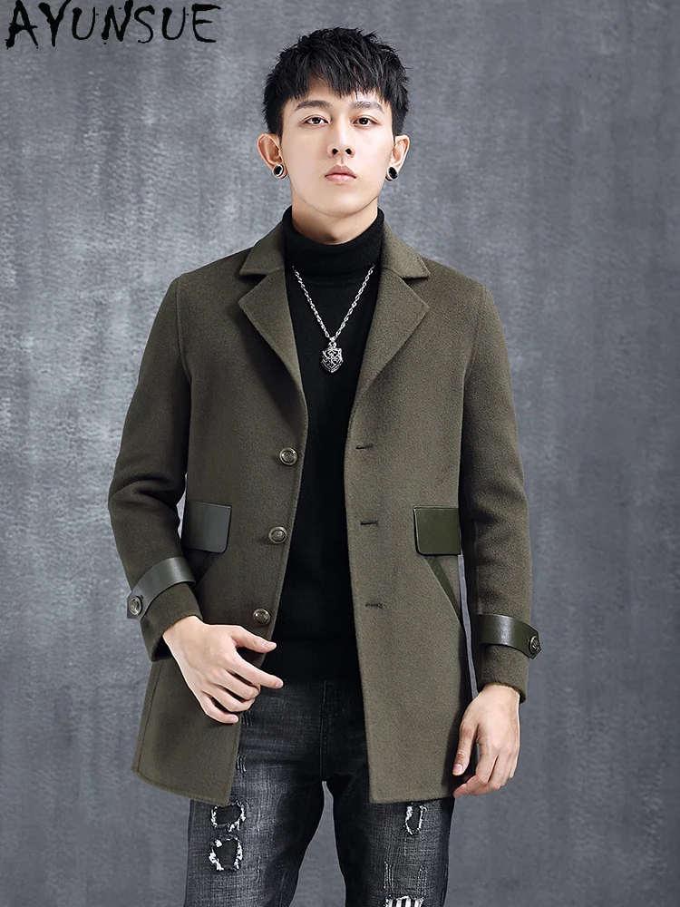 AYUNSUE 100% Wool Coats for Man Autumn Winter 2025 Mid-length Fashion Double-sided Woolen Jacket Men Clothing Jaqueta Masculina