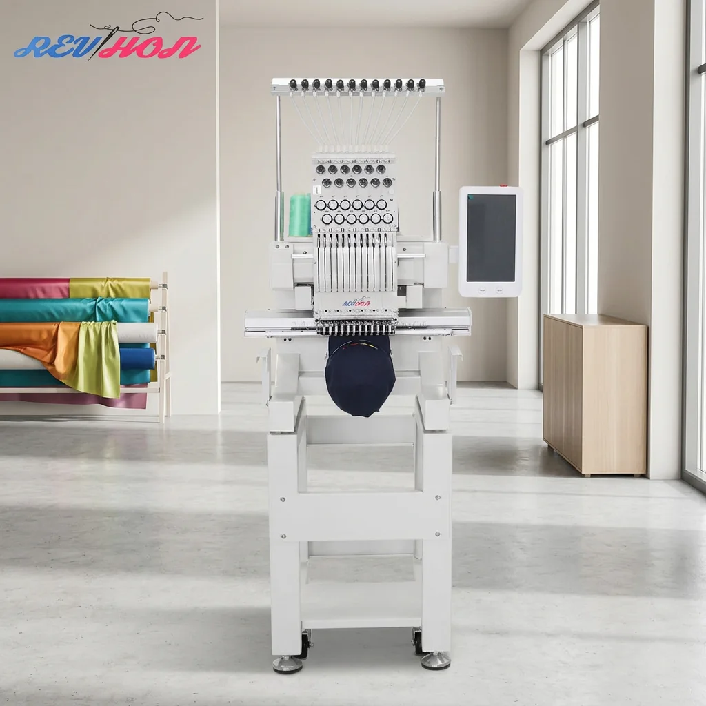 REVHON 1 Head Computerized Embroidery Machine 12 Needle High Speed 1200RPM for Cap T-shirt Sweater Leather and so on