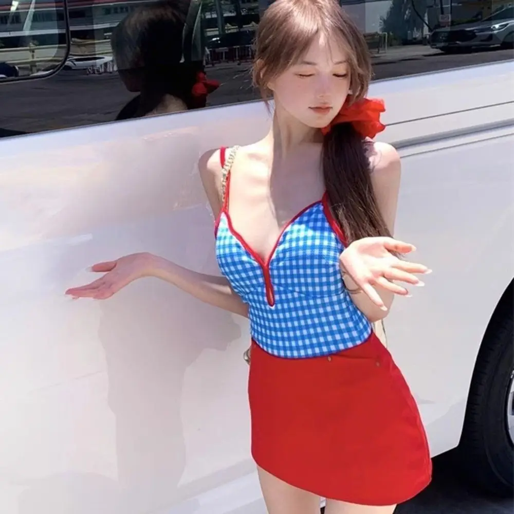 

Slimming Design Plaid Swimsuit Suit Conservative Style Scalloped Rim Skirt Bathing Suit Fresh Blue Swimwear Bikini Set Beach