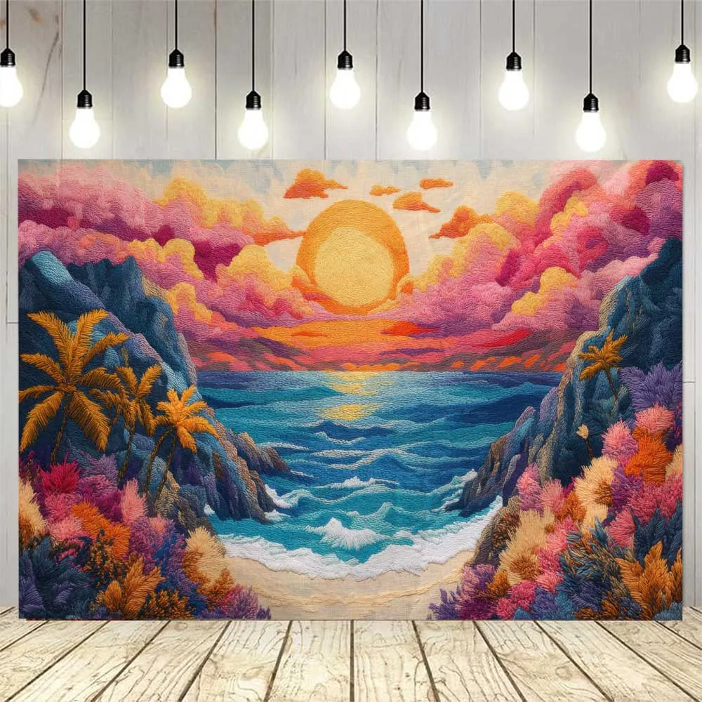 Sea Sunrise Landscape Tapestry - Watercolor Painting of Coconut Trees Sky And Clouds for Living Room Dormitory Wall Hanging Deco