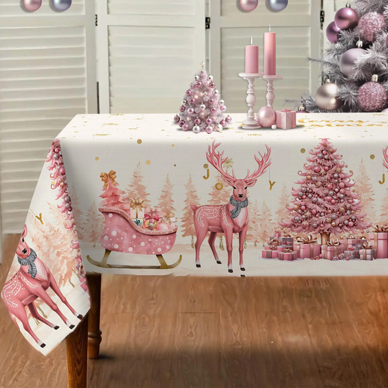1 PC Pink Retro Christmas Tablecloth, featuring reindeer and Christmas tree design, for festive Christmas decorationzyc