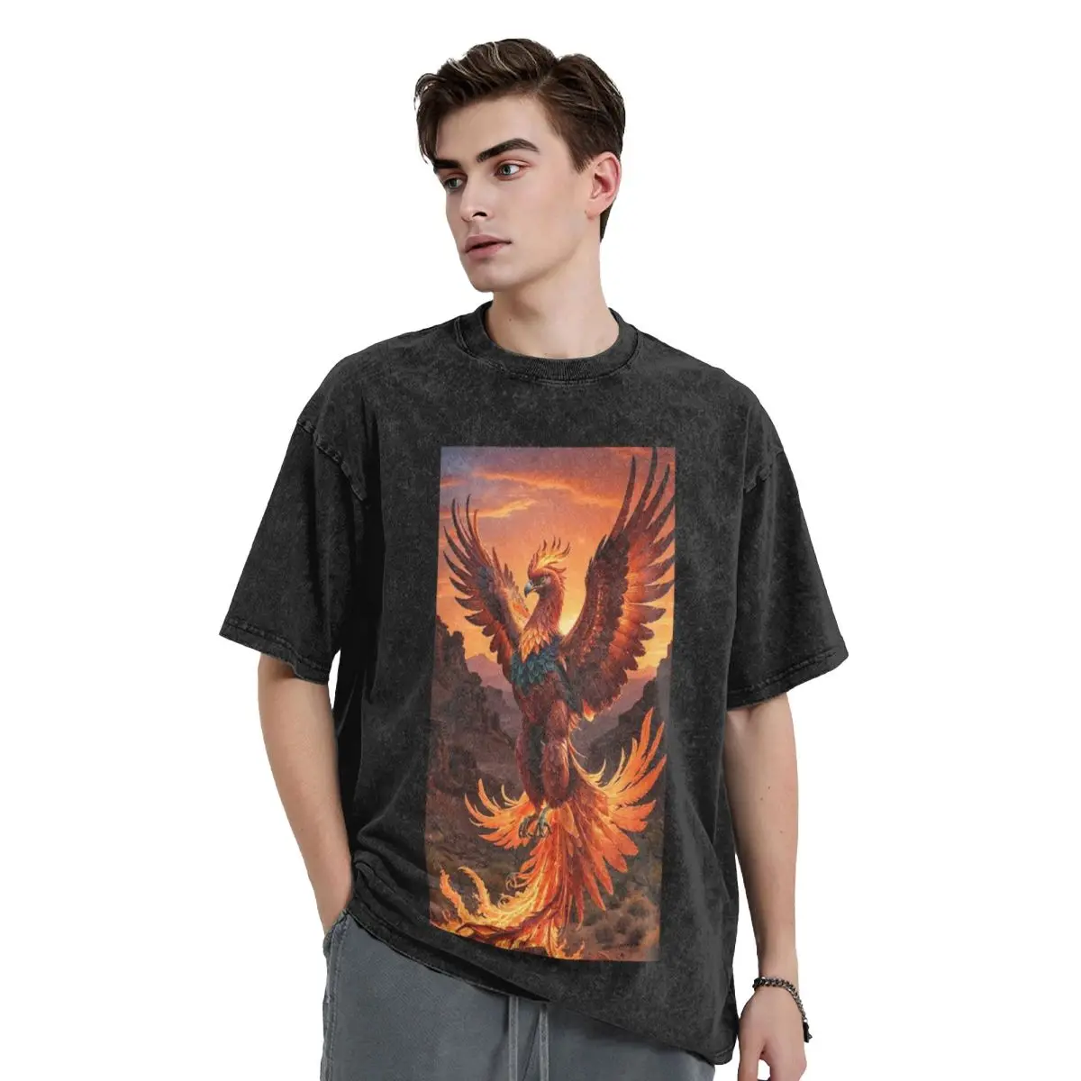 Phoenix Mythical Bird With Fiery Wings Washed T Shirts Printed Short Sleeve Hip Hop T-Shirt Streetwear Tops Tees for Men Women
