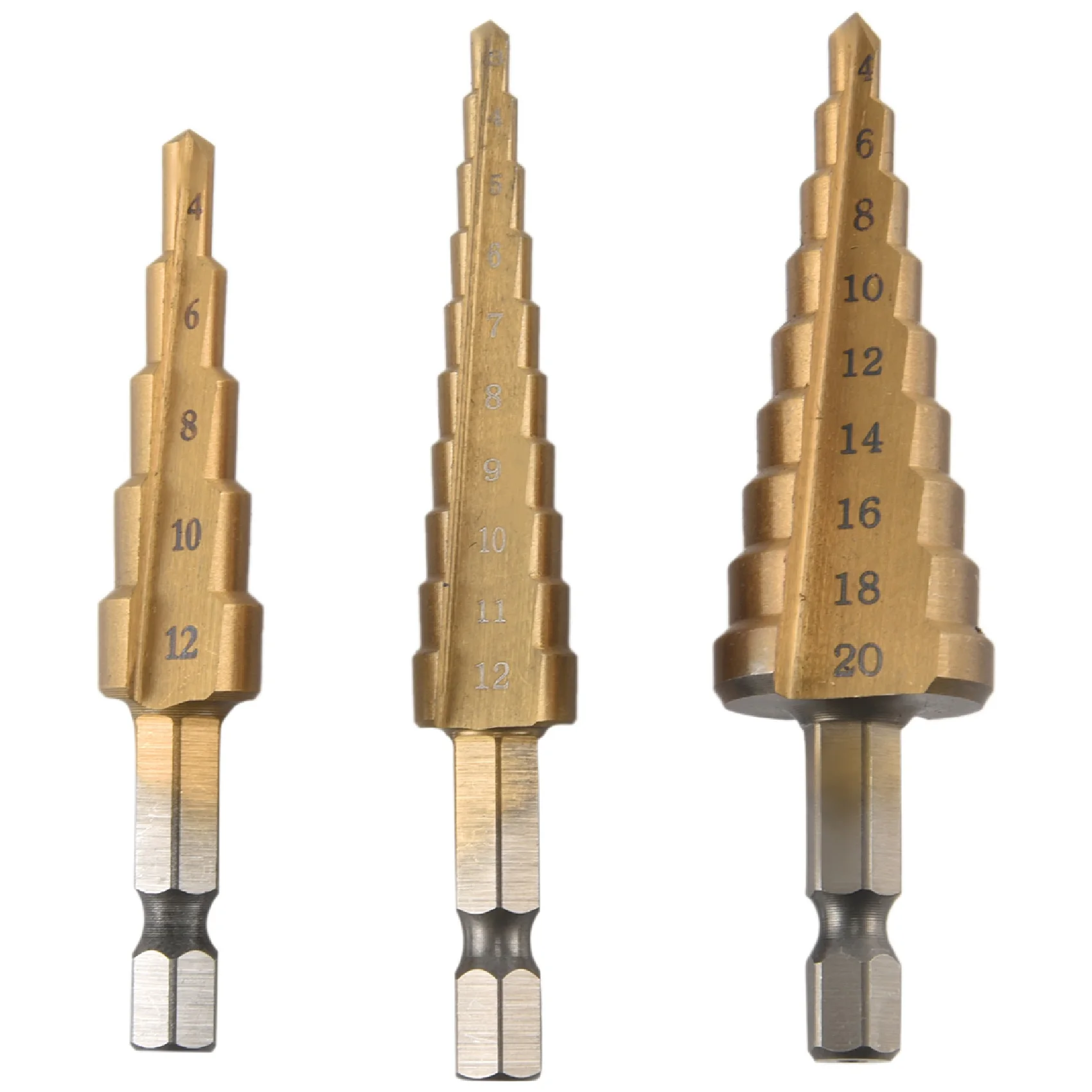 

B50C 3Pc Hss Step Cone Taper Drill Bit Set Metal Hole Cutter Metric 3-12 4-12 4-20Mm 1/4 Inch Titanium Coated Metal Hex Taper