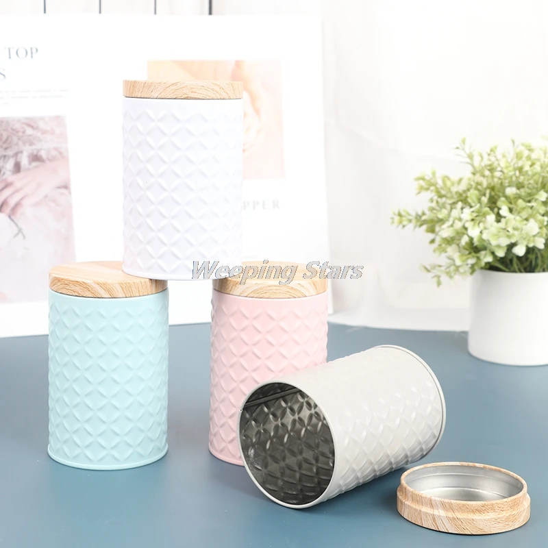 Cylindrical Wood Grain Cover Tin Box Metal Storage Box Home Organizer Used For Cookie Candy Coffee Tea Cans Christmas Gift Box