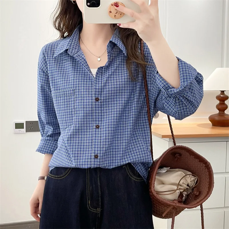 Women's Plaid Print Long Sleeve Casual Blouse - alternate angle