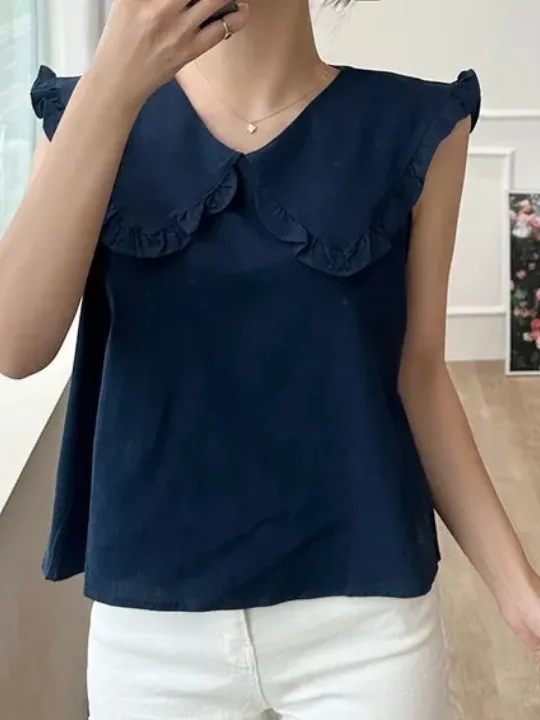 

Korean Sle Svel Doll Collar Loose Versatile Women's irt Design Sensation Youthful Top Commute Straight Tube Pure Color