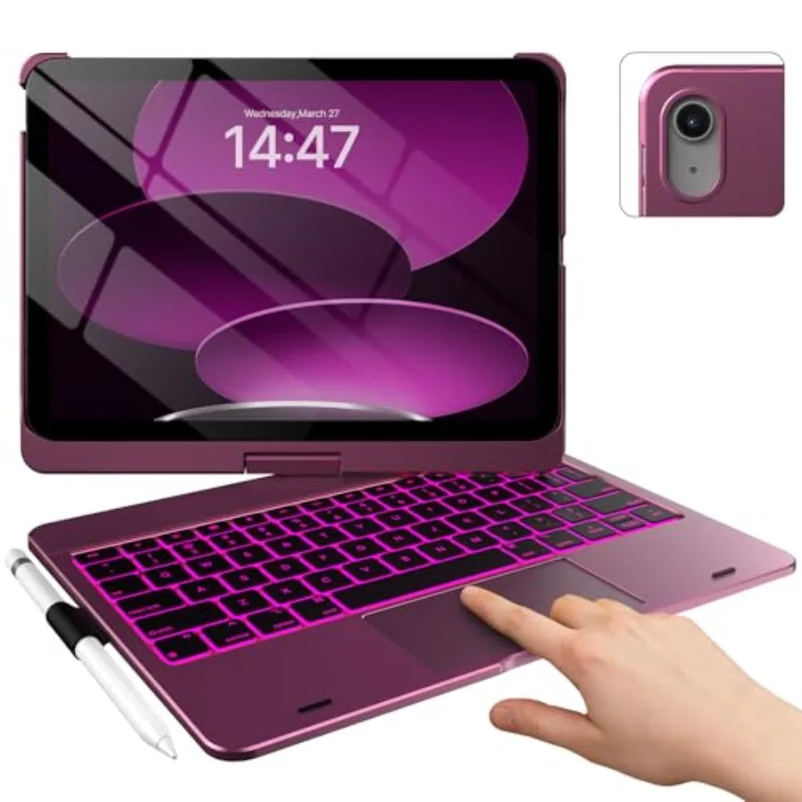 

iPad 11th 10th Gen case with keyboard for office use polycarbonate black 360 rotatable 11-color backlit multi-touch trackpad pe