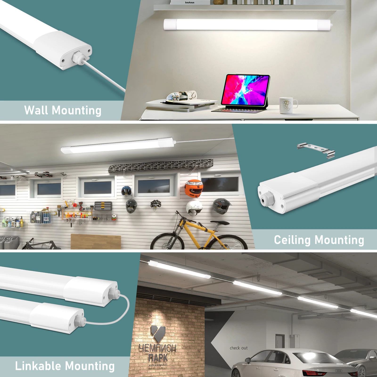 60 cm LED-Nassraumleuchte, 20 W, 2200 lm, 4000 K Neutralweiß, IP66, verknappbare Deckenleuchte für Badezimmer, Garage, Küche, Keller – Detail 4