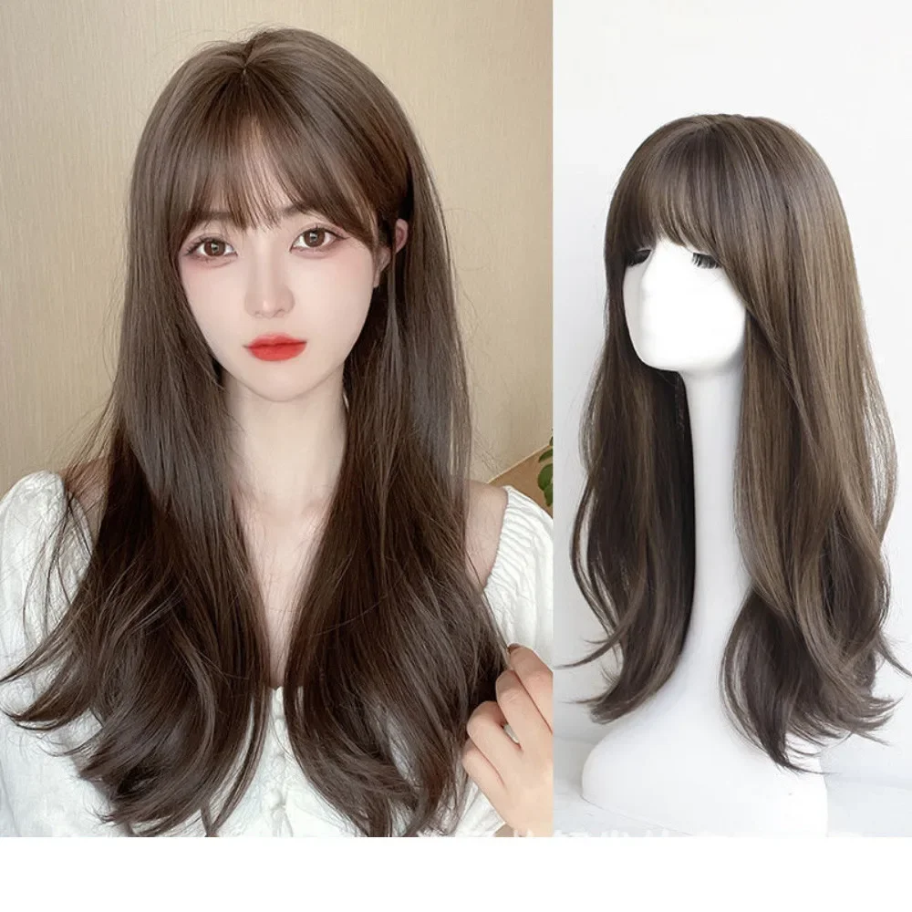 Synthetic Wig For Women Long Slightly Curly Simulated Hair Air Bangs Flaxen Blonde Fluffy Full Headpiece(No bownot)