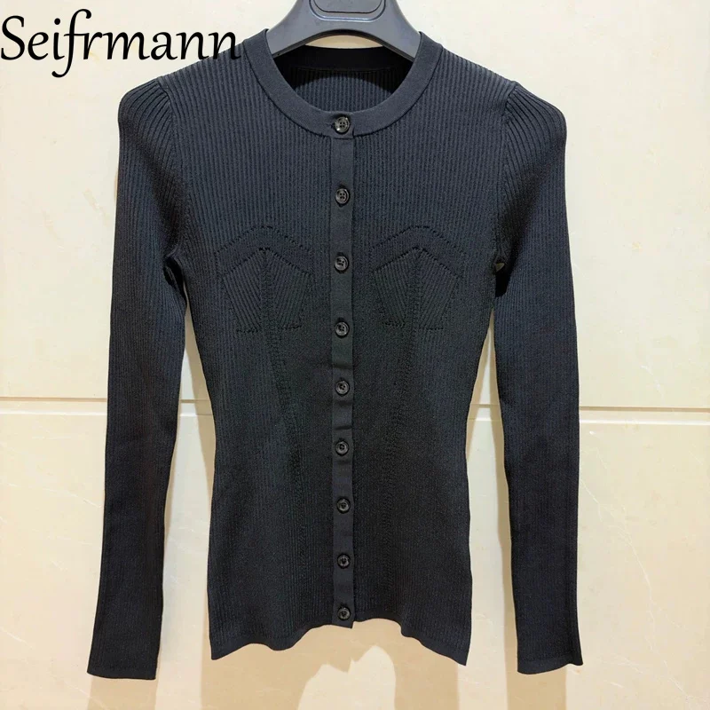 Seifrmann Solid Color Knitted Cardigan Round Neck Long Sleeve Stretch Cardigan 2026 Autumn Women's New Style