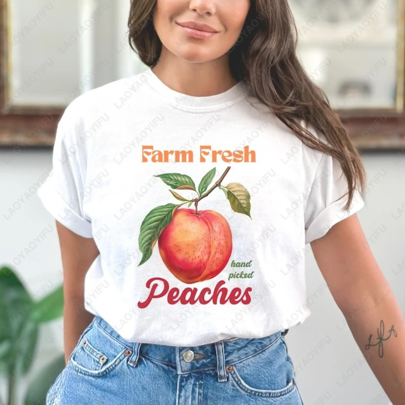 Retro Peach Boho Georgia Peaches Summer Fruit Tshirt Farmers Market Cute Foodie Tee Men Women Cotton Cottagecore Loungewear Gift