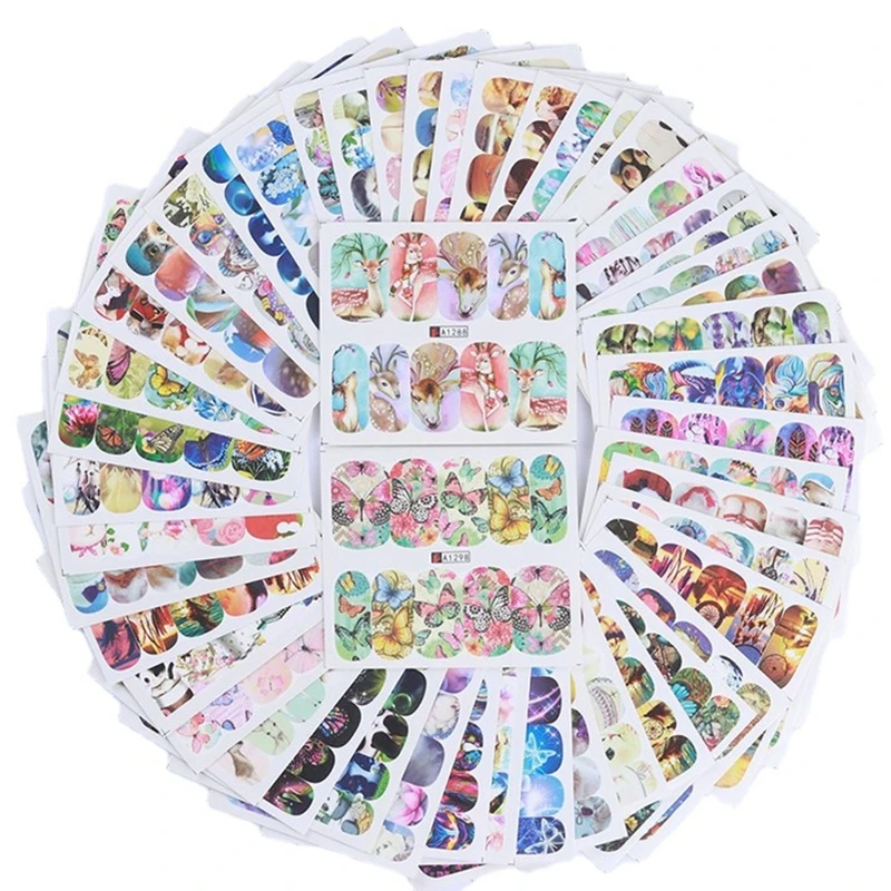 50 Sheets Cute Watermark Nail Stickers Mixed Design Animal Butterfly Dream Catcher Water Transfer Decal DIY Nail Art Decorations