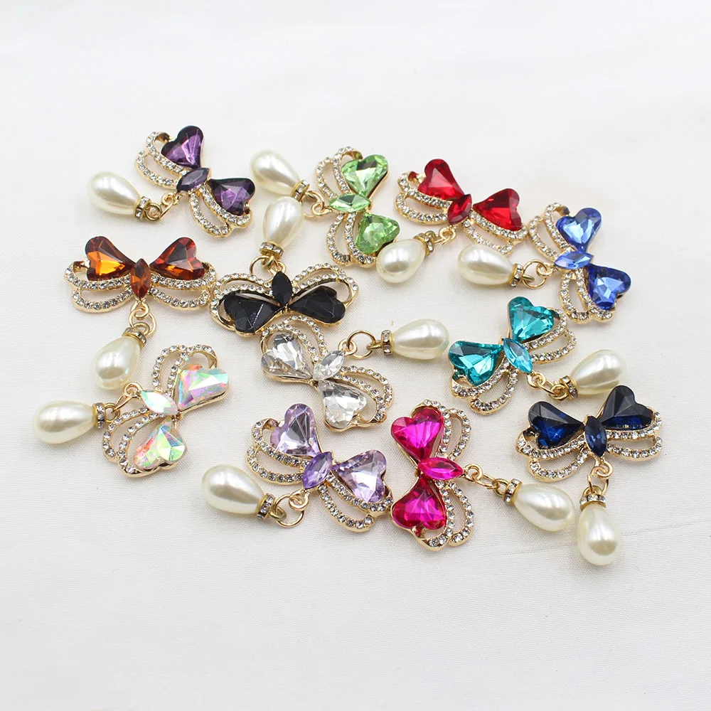 2 pieces of 35 * 45mm alloy rhinestone glass bow pearl pendant DIY wine glass decoration clothing hair accessories
