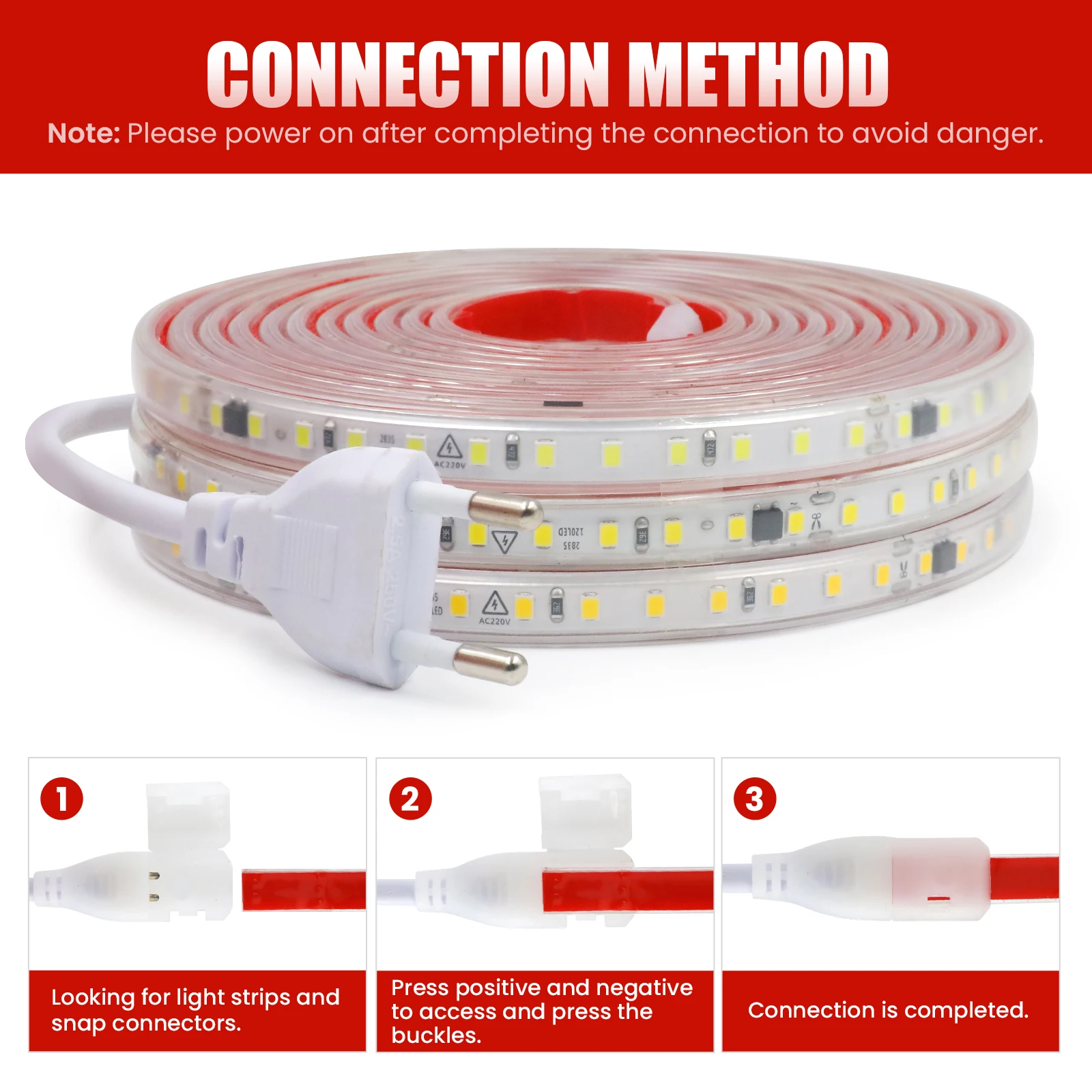 AC220V 230V LED Strip Lights EU UK Plug SMD2835 120LEDs/m Waterproof Lamp With Adhesive Tape Warm Natural White Red Blue Yellow