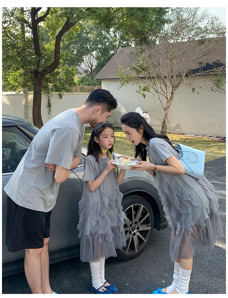 Summer Family Matching Mom Daughter Tulle Tutu Dress Dad Son Short Sleeve Tee Elegant Family Look Photo Party Daily Casual  567