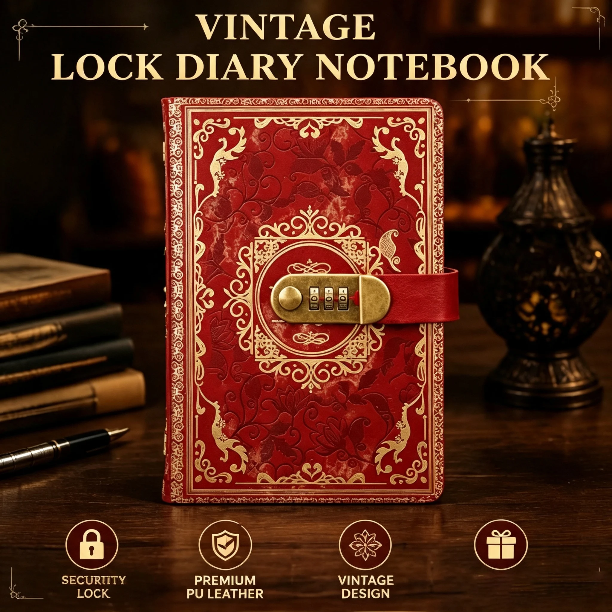 Vintage Combination Lock Diary A5 Private Notebook PU Cover Secret Journal Notepad Privacy Gift for Teens Adults Office School
