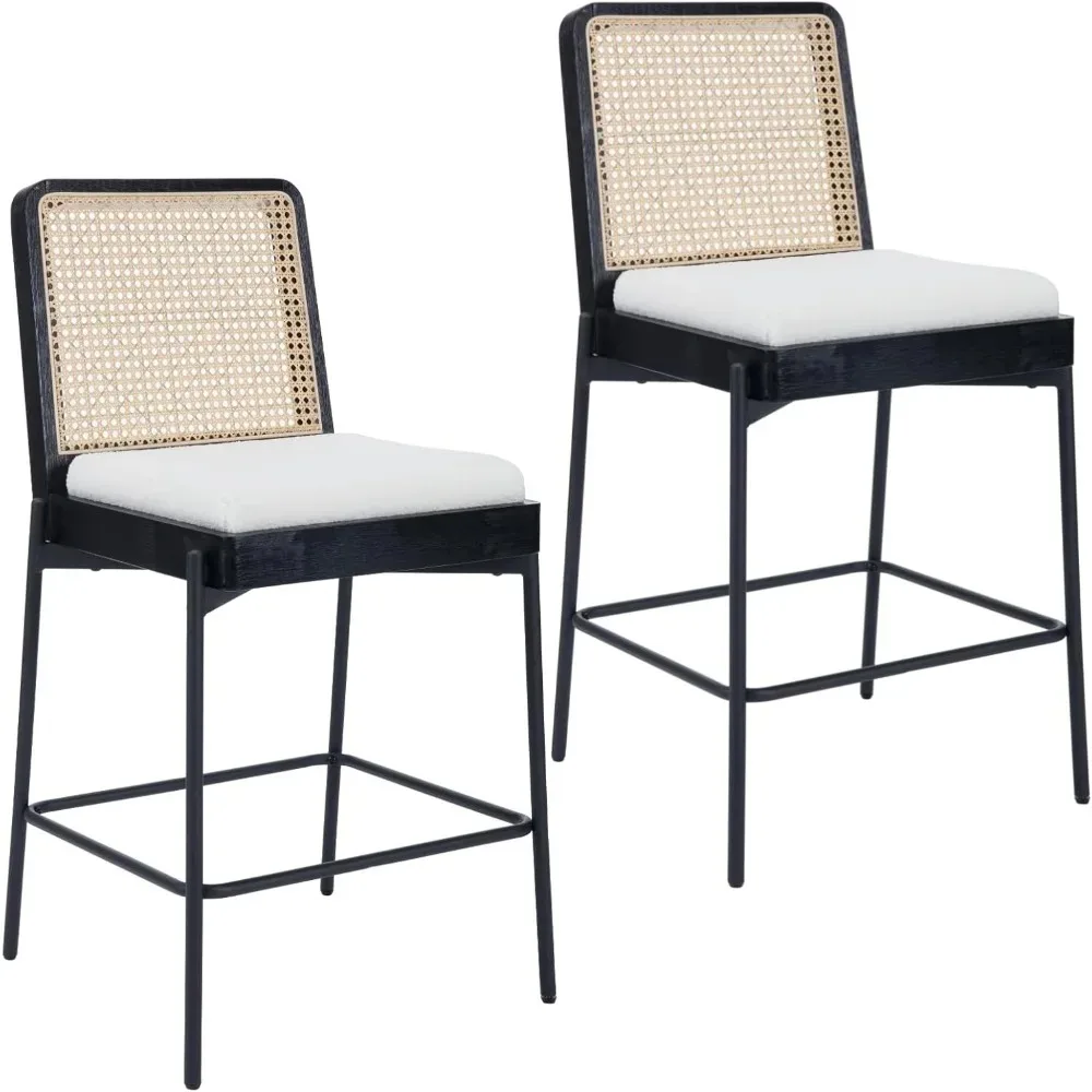 モダンなバースツール 2 個セット、カウンター高さ 26 インチ スツール、籐バック付き、リネン布張りのキッチンアイランドチェアバースツール、w