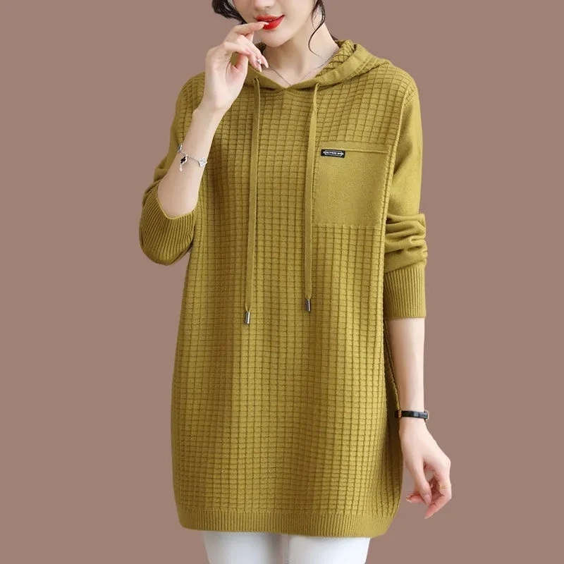 

5XL Large Size Hooded Knitted 2024 NEW Women Spring Autumn Loose Long Pullover Sweater Female Knitwear Casual Knit Dress