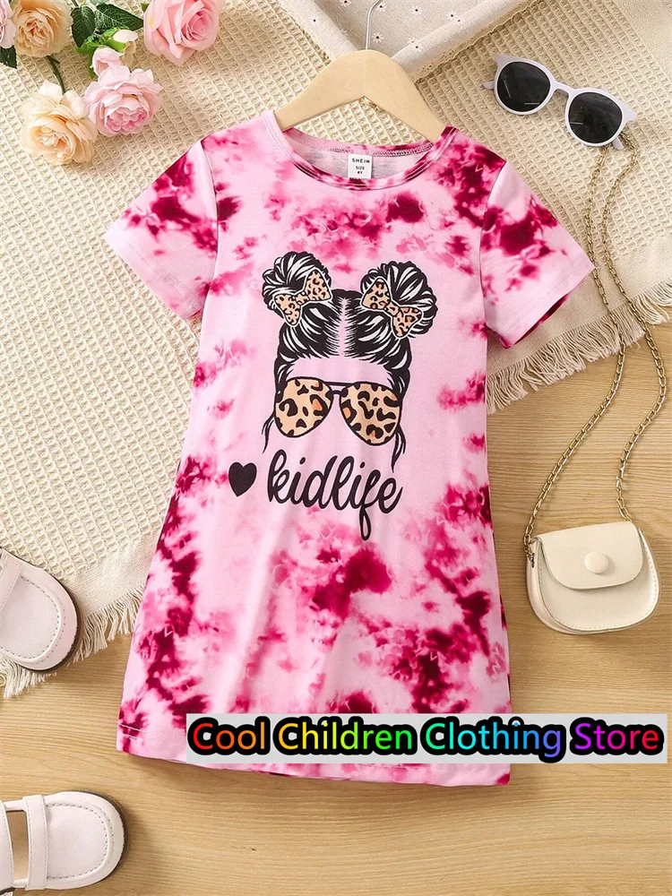 Kids Girls' Dress  Tie Dye & Figure Graphic Tee Dress 3D Print Dress Daily Holiday Vacation Short Sleeve Princess Dress Clothing