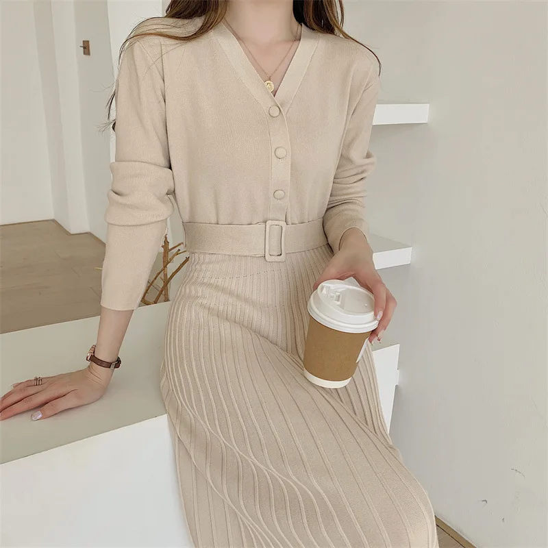 HLBCBG Elegant Winter long Sweater dress women Long sleeve OL lady Thick A-Line dress Female Jumper V neck slim knit dress