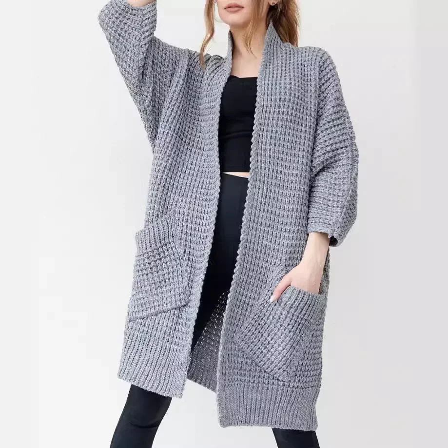 

Women's Autumn and Winter New Fashion Long Sweater Coat, Women's Solid Color Casual Loose Knit Unbuttoned Cardigan with Pockets
