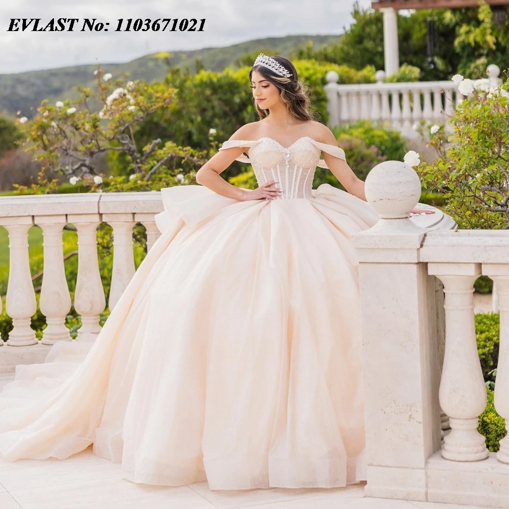 EVLAST Customized Mexico Ivory Quinceanera Dress Ball Gown Applique Beaded Tiered Corset Sweet 16 Vestidos De 15 Anos SQ460