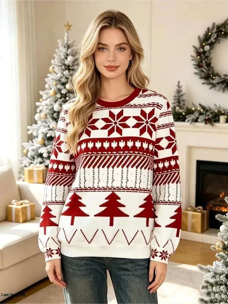 Women's long sleeved round neck casual hoodie, 3D Christmas element printed fashionable pullover, autumn new hoodie