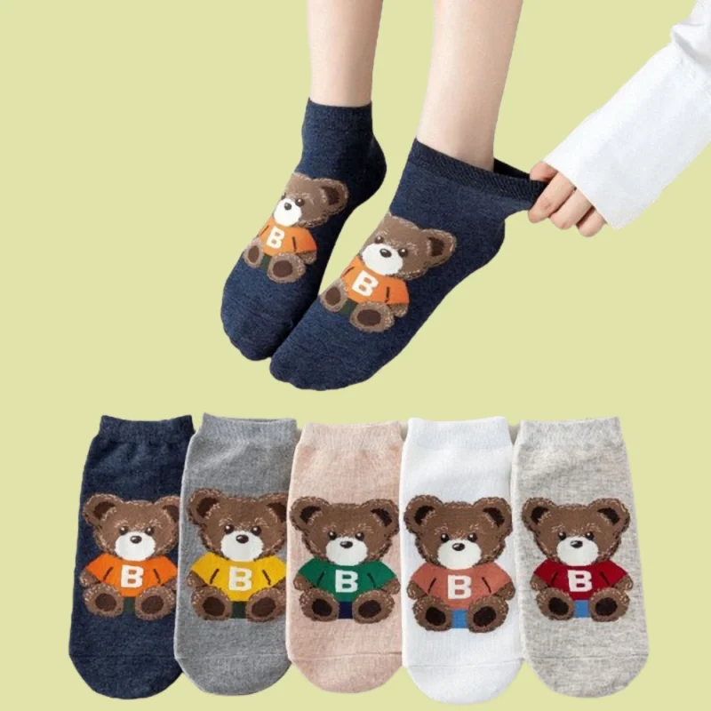 

5/10 Pairs Cotton Breathable Short Socks Women's Boat Socks Cartoon Bear Comfortable Casual Socks College Style Straight Socks